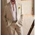 Men's Beige Linen Suits Beach Wedding 2 Piece Summer Suits Solid Colored Tailored Fit Single Breasted Two-buttons 2024