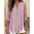 Women's Shirt Blouse Linen Plain Casual Pink Sky Blue Grey Long Sleeve Basic V Neck Regular Fit Spring Fall