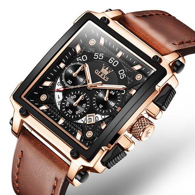 OLEVS Men Quartz Watch Calendar Chronograph Large Dial Waterproof Genuine Leather Watch