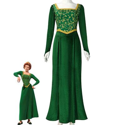 Fiona Costume Women Princess Fiona Dress Shrek Medieval Renaissance Dress Long Sleeves Green Dress Gown Dress Halloween Cosplay Party Outfit