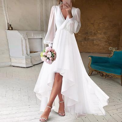 TS Beach Wedding Bridal Shower Little White Dresses Casual Wedding Dresses A-Line V Neck Long Sleeve Asymmetrical Chiffon Bridal Gowns With Solid Color 2025