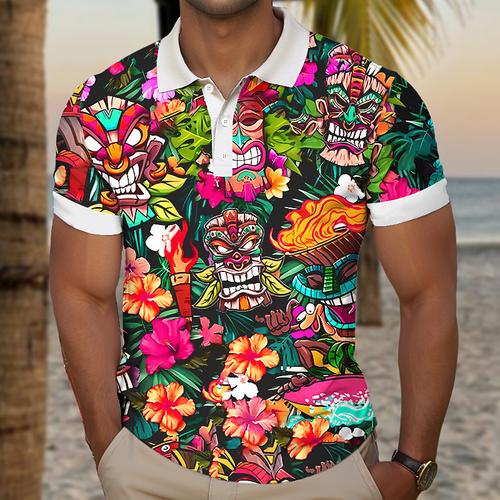 Kentucky Derby Men's Tiki Golf Shirt Short Sleeve Polo Shirts Collared Shirts Casual Beach Wear Vacation Wear Tropical Wear Party Outfits Buttons 3D Print Summer Yellow Pink Purple