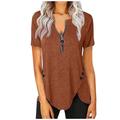 Women's Casual Short-Sleeved Top V-Neck Zipper Solid Color Button T-shirt Blouse