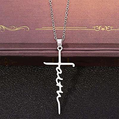 Women's Necklace Faith Cross Jesus Stainless Steel Pendant Necklace Gold Silver Cross Necklace for Dainty Women Letters Decoration Jewelry Faith Grace Love