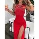 Women's Sequin Dress Party Dress Slip Dress Split Sleeveless Midi Dress Vacation Stylish Formal Black Red Summer Spring