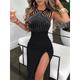 Women's Black Sequin Dress Party Dress Sparkly Dress Little Black Dress Cocktail Dress Black Semi Formal Dress Midi Dress Sleeveless Backless Spring Fall Spaghetti Strap Fashion Evening