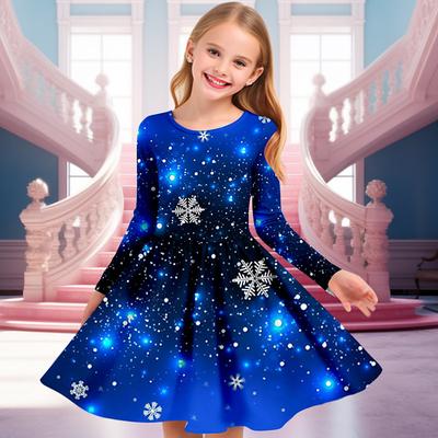 Girls' 3D Snowflake Dress Snowflake Dress Long Sleeve 3D Print Fall Winter Vacation Sports Outdoor Daily Cute Casual Beautiful Kids 4-12 Years Casual Dress A Line Dress Above Knee Regular Fit