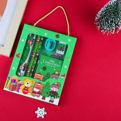 6pcs/set Christmas Portable Stationery Gift Box Set Contain 2 Pencils 1 Pencil Sharpener 1 Eraser 1 Ruler 1 Sticky Note Paper For Primary School Student Children Learning Gift Award