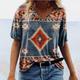 Women's T shirt Tee Geometric Cow Vintage Casual Weekend Print Blue Short Sleeve Vintage Basic Ethnic V Neck