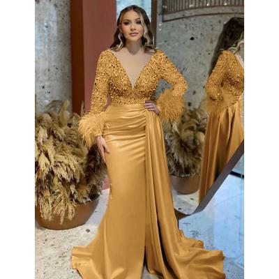 TS Mermaid Evening Gown Elegant Dress Formal Wedding Court Train Long Sleeve V Neck Satin with Feather Glitter Ruched Masquerade Dress 2025