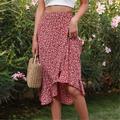 Women's Skirt A Line Wrap Skirt Bohemia Midi High Waist Skirts Ruffle Floral Print Floral Holiday Vacation Summer Polyester Casual Boho Wine