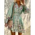 Women's Casual Dress A Line Dress Floral Print With Belt V Neck Mini Dress Bohemia Ethnic Street Holiday Long Sleeve Loose Fit Blue Purple Green Summer Spring S M L XL