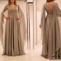 A-Line Plus Size Curve Mother of the Bride Dresses Elegant Cape Dress Dress Formal Wedding Guest Floor Length Short Sleeve V Neck Chiffon with Pleats Beading 2024