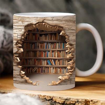 3D Bookshelf Mug, Ceramic Mug,Library Bookshelves Hole In A Wall Mug,Book Lovers Coffee Mug, Cool Bookish Gifts for Readers Christmas Xmas Gift