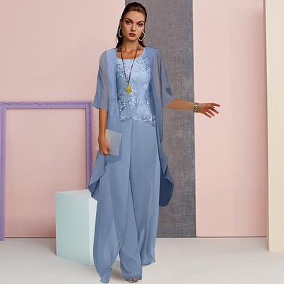 Two Piece Jumpsuit / Pantsuit Mother of the Bride Formal Wedding Guest Elegant Wrap Included Scoop Neck Floor Length Chiffon Lace Half Sleeve with Appliques 2025 free custom size