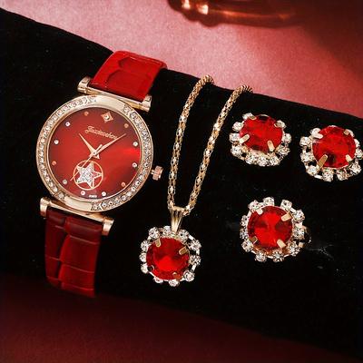 6pcs/set Women's Watch Luxury Rhinestone Quartz Watch Vintage Star Analog Wrist Watch Jewelry Set Gift For Mom Her