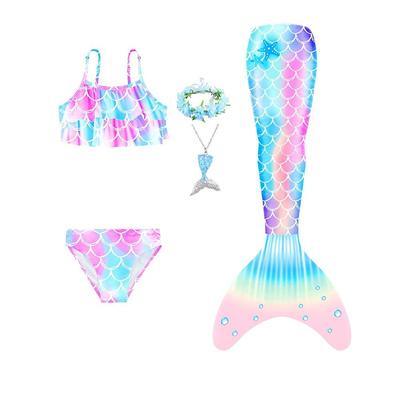 Kids Girls' Five Piece Mermaid Swimwear Swimwear Bikini Beach Swimming Rainbow Tie Dye Cute Bathing Suits 3-10 Years Summer Light Blue Colorful