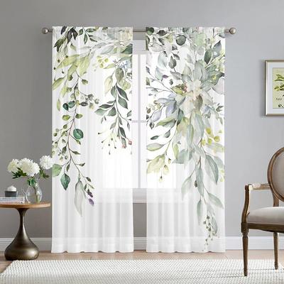 Green Eucalyptus Leaves Sheer Curtains Rod Pocket Drapes For Living Room Bedroom, Chiffon Farmhouse Curtain for Kitchen Balcony Door Window Treatments Room Darkening