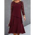 Women's Lace Dress Party Dress Cocktail Dress Lace Ruffle Crew Neck Long Sleeve Midi Dress Vacation Wine Navy Blue Spring Winter