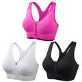 3 Pack Women's High Support Sports Bra Running Bra Seamless Zip Front Racerback Bra Top Padded Yoga Fitness Gym Workout Breathable Shockproof Quick Dry Khaki Black White Solid Colored