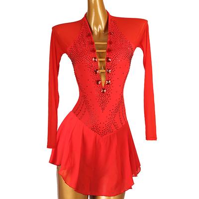 Figure Skating Dress Women's Girls' Ice Skating Dress Red Patchwork Open Back Mesh Spandex High Elasticity Training Competition Skating Wear Classic Crystal / Rhinestone Long Sleeve Ice Skating