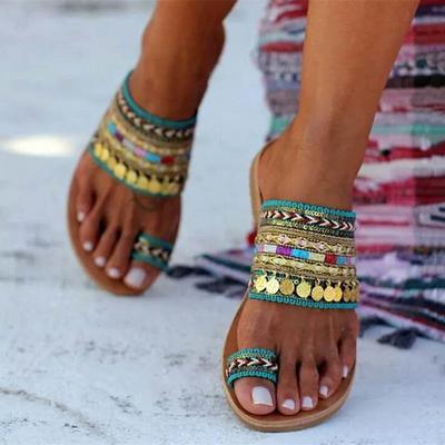 Women's Boho Style Beaded Sandals with Colorful Straps and Toe Ring – Summer Open-Toe Flats for Casual Beach Wear