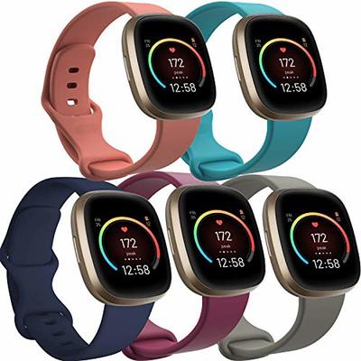 5 Pack Bands Compatible with Fitbit Versa 4 / Sense 2 / Versa 3 / Sense Bands Women Men Classic Soft Silicone Sport Band Replacement Wristband Strap