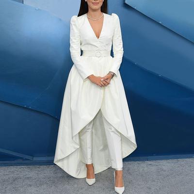 Jumpsuits Evening Gown Elegant Tuxedo Wedding Guest Engagement Floor Length Long Sleeve V Neck Fall Wedding Guest Satin with Sash / Ribbon Overskirt Appliques 2025 free custom size