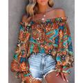 Women's Shirt Boho Shirt Lace Shirt Going Out Tops Floral Graphic Casual Holiday Lace up Ruffle Print Lantern Sleeve Red Long Sleeve Elegant Fashion Basic Off Shoulder Spring Fall