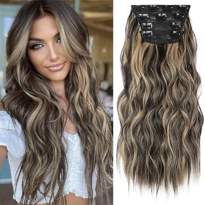 Clip in Hair Extensions Black Mix Blonde (Black with Blonde Highlights) Hairpieces for Women Long Wavy Hair Extensions Synthetic