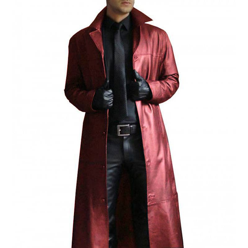 Men's Faux Leather Jacket Long Trench Coat Fall Winter Faux Leather Windproof Outerwear Clothing Apparel Vintage Pocket Lapel Single Breasted