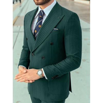 Men's Party Suits Dark Green Striped Tailored Fit 2 Piece Double Breasted Six-buttons