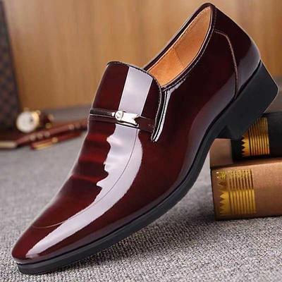 Men's Burgundy Patent Faux Leather Loafers – Elegant Slip-On Dress Shoes with Metal Accent for Formal Events and Office Wear