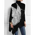 Women's Plus Size Shirt Blouse Butterfly Star Casual Print Asymmetric Silver Long Sleeve Basic Turtleneck High Neck Spring Fall