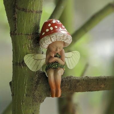 Outdoor Sleeping Little Forest Mushroom Fairy Resin Statue Decoration, Mini Hand Painted Resin Crafts Ornament for Home Garden Office