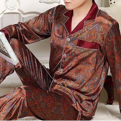 Men's Sleepwear Pajama Top and Pant Silk Pajama 2 Pieces Graphic Prints Simple Comfort Home Daily Faux Silk Breathable Lapel Long Sleeve Pant Pocket Summer Spring Champagne Wine