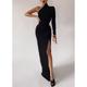 Mermaid Black Dress Evening Gown Minimalist Dress Formal Evening Sweep / Brush Train Long Sleeve One Shoulder Fall Wedding Guest Stretch Fabric with Slit Pure Color 2024