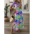 Women's Casual Dress Summer Dress Floral Leaf Split Print V Neck Long Dress Maxi Dress Streetwear Maxi Street Holiday Short Sleeve Loose Fit Royal Blue Blue Green Summer S M L XL XXL