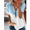 Women's Summer Contrast Printing V-neck Zipper Short-sleeved Shirt T-shirt Top