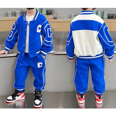 2 Pieces Kids Boys Tracksuits Outfit Solid Color Letter Long Sleeve Pocket Cotton Set Sports Daily Spring Fall 7-13 Years Black Blue