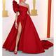 A-Line Evening Gown Celebrity Style Dress Red Green Dress Formal Black Tie Chapel Train Sleeveless One Shoulder Taffeta with Ruched Slit 2024