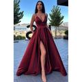 A-Line Black Dress Prom Dress High Split Evening Dress Formal Birthday Summer Dress Spaghetti Strap Sleeveless Sweep / Brush Train Satin with Pleats Split Front 2022