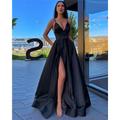 A-Line Black Dress Prom Dress High Split Evening Dress Formal Birthday Summer Dress Spaghetti Strap Sleeveless Sweep / Brush Train Satin with Pleats Split Front 2022