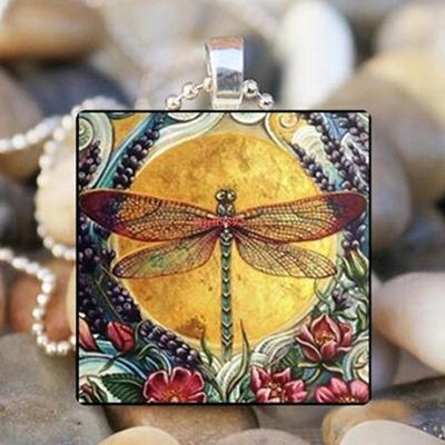 Women's necklace Vintage Street Style Glass Insect Pendant Necklace for Women / Dragonfly / Blue / Green / Yellow