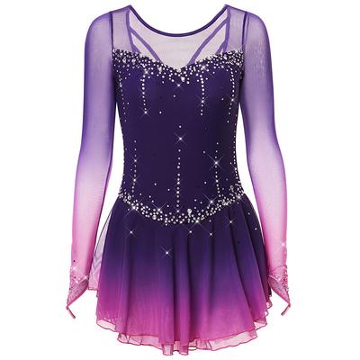 Figure Skating Dress Women's Girls' Ice Skating Dress Dark-Gray Violet Purple Mesh Spandex High Elasticity Training Practice Competition Skating Wear Handmade Classic Crystal / Rhinestone Long Sleeve