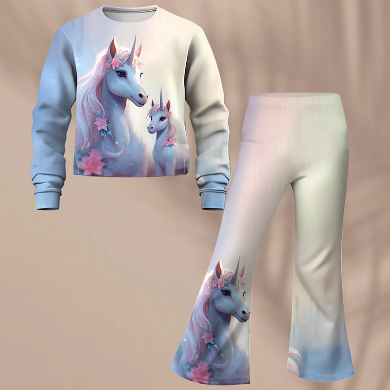 Girls' 3D Unicorn Sweatshirt Flare Pants Set Long Sleeve 3D Print Spring Fall Active Fashion Daily Kids 3-12 Years Crew Neck Outdoor Vacation Date Regular Fit