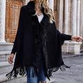 Women's Poncho Sweater Open Front Ribbed Knit Acrylic Tassel Knitted Fall Winter Tunic Outdoor Daily Going out Stylish Casual Soft Long Sleeve Pure Color Black Pink Wine S M L