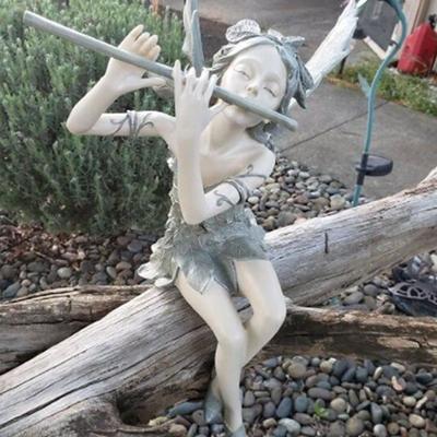 Garden Flute Flower Fairy Statue Resin Craft Landscaping Sculpture Art Yard Figurine Sitting Garden Home Ornament Decoration