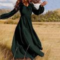 Women's Swing Dress Long Dress Maxi Dress Dark Green Brown Black Long Sleeve Pure Color Ruched Pleated Patchwork Fall Spring V Neck Boho Casual Fall Dress Lantern Sleeve Loose Fit M L XL XXL XXXL 4XL