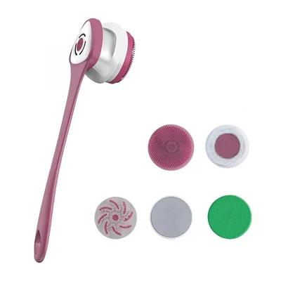 Rechargeable Electric Body Bath Brush with Long Handle and 5 Spin Shower Facial Brush Heads Waterproof Silicone Body Scrubber for Deep Cleansing and Exfoliating